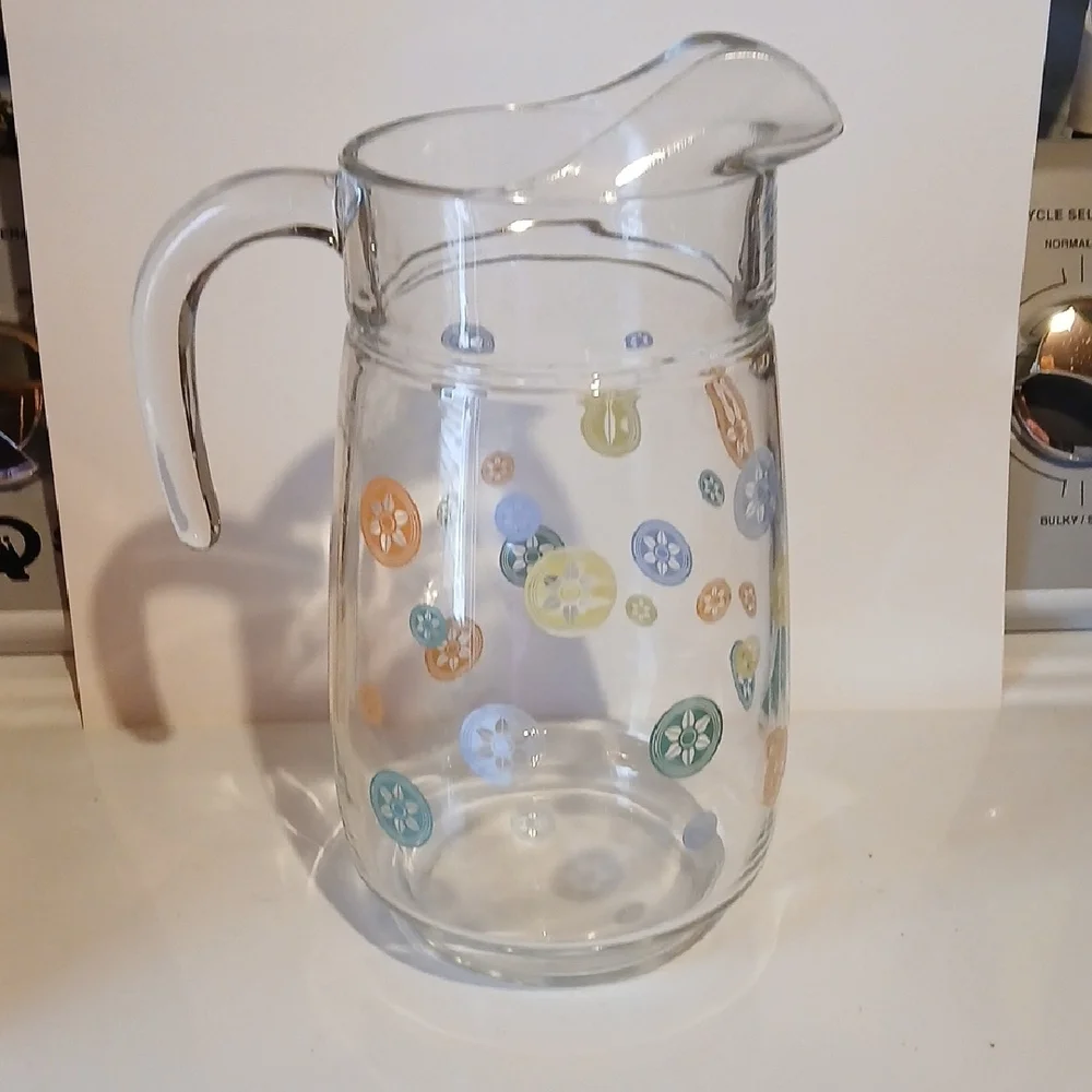 Vintage 80s Glass Pitcher with Colorful Floral Design